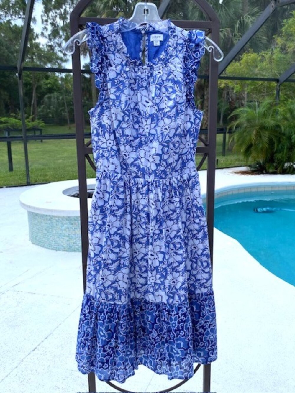 J. Crew Sleeveless Women's Dress Ruffle Tiered Cotton Summer Floral Blue Size 00